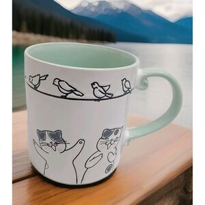 NEW! Spectrum Designz Hand Painted Happy Cats Birds on the Line Coffee Tea Mug‎